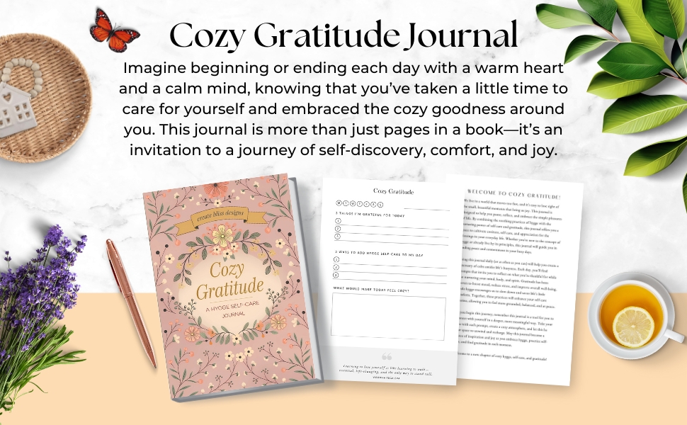 mockup of the Cozy Gratitude Journal with interior page samples